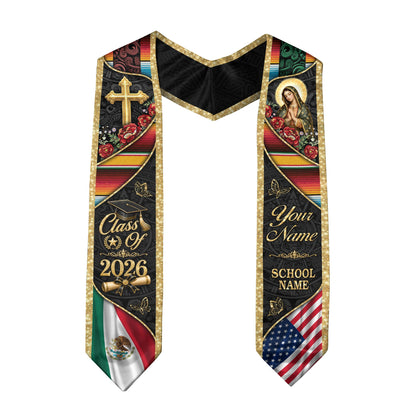 Custom Mexico Graduation Stole 2026 Virgin Mary Cross Mexican US Flag Gold Glitter Sash