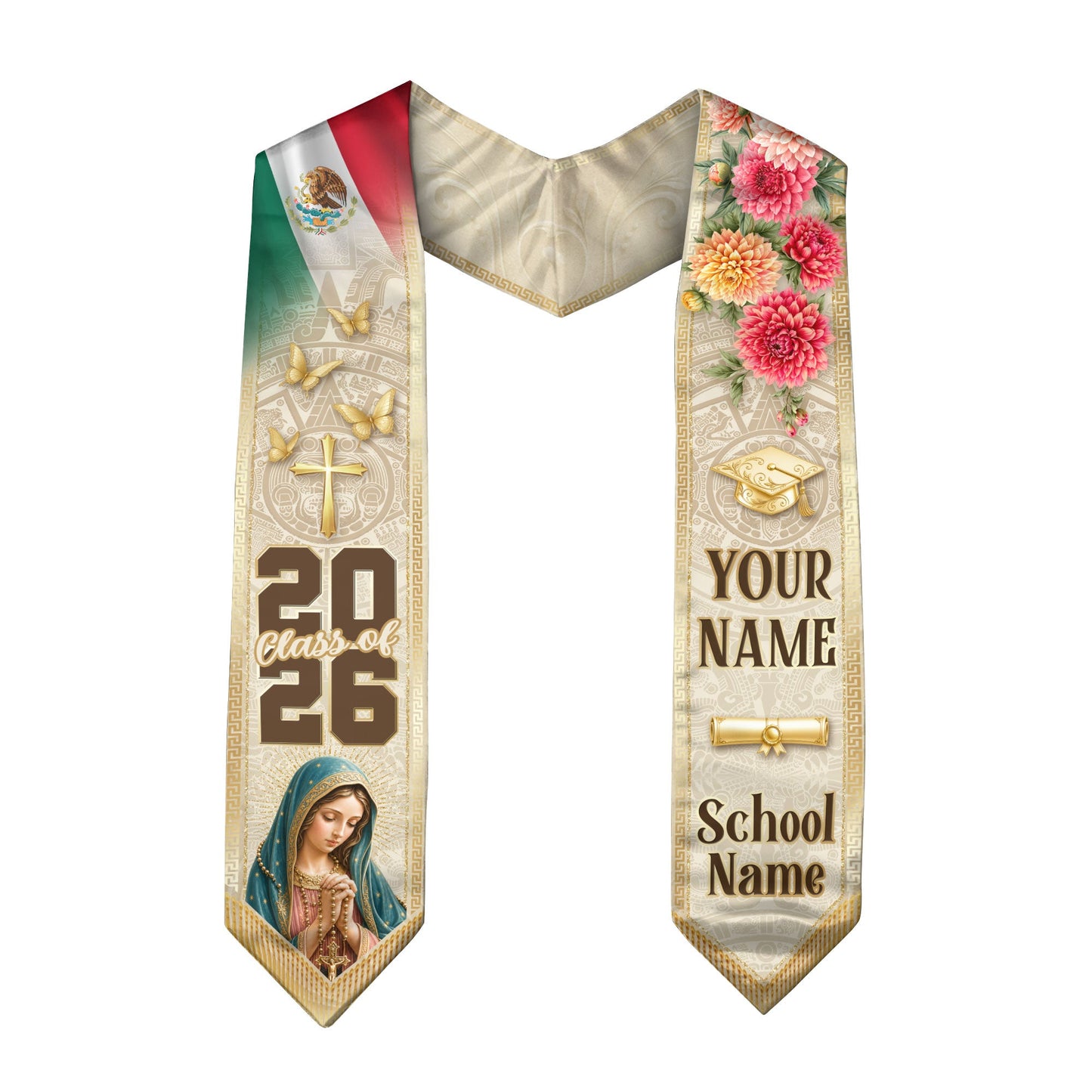 Personalized Mexico Graduation Stole 2026 Virgin Mary Dahlia Floral Mexican Flag Sash