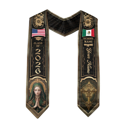 Custom Mexico Graduation Stole 2026 Virgin Mary Cross Mexican US Flag Gold Greek Sash