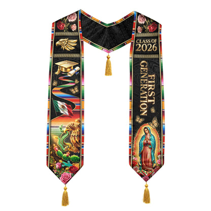 Class of 2026 Mexico Stole First Generation Guadalupe Aztec Eagle Rose Serape Tassel Sash