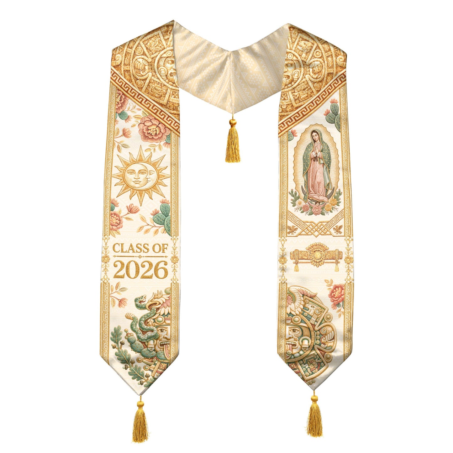 Mexico Graduation Stole Class of 2026 Sun Moon Virgin Guadalupe Floral Tassel Sash