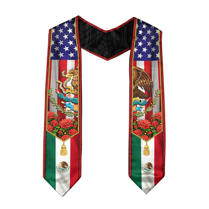 Mexico USA Flag Graduation Stole - Mexican American Heritage Eagle Red Rose Sash
