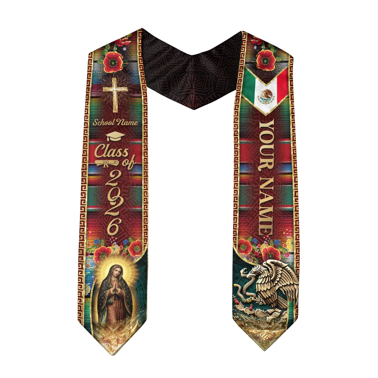 Custom Mexican Heritage Graduation Stole 2026 Virgin Mary Serape Eagle Sash