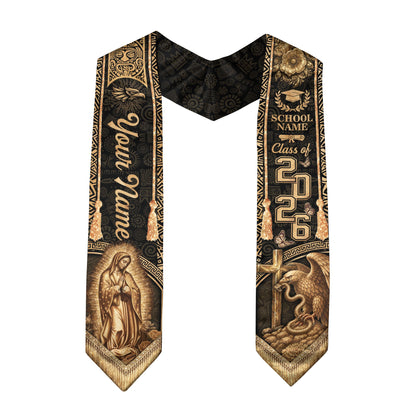 Vintage Gold Mexico Graduation Stole 2026 Virgin Mary Eagle Personalized Heritage Sash