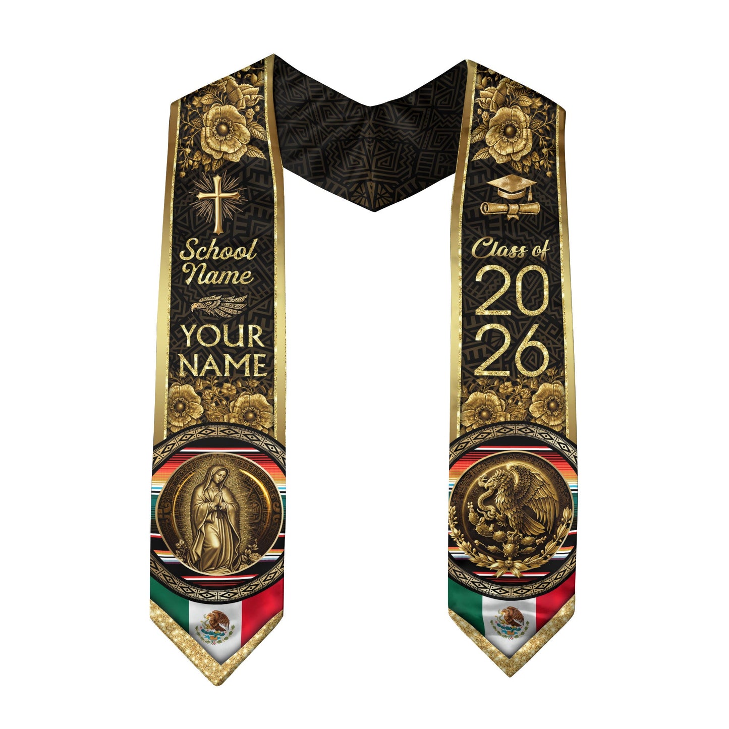 Mexico Graduation Stole 2026 Gold Glitter Virgin Mary Eagle Personalized Heritage Sash