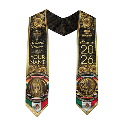 Mexico Graduation Stole 2026 Gold Glitter Virgin Mary Eagle Personalized Heritage Sash