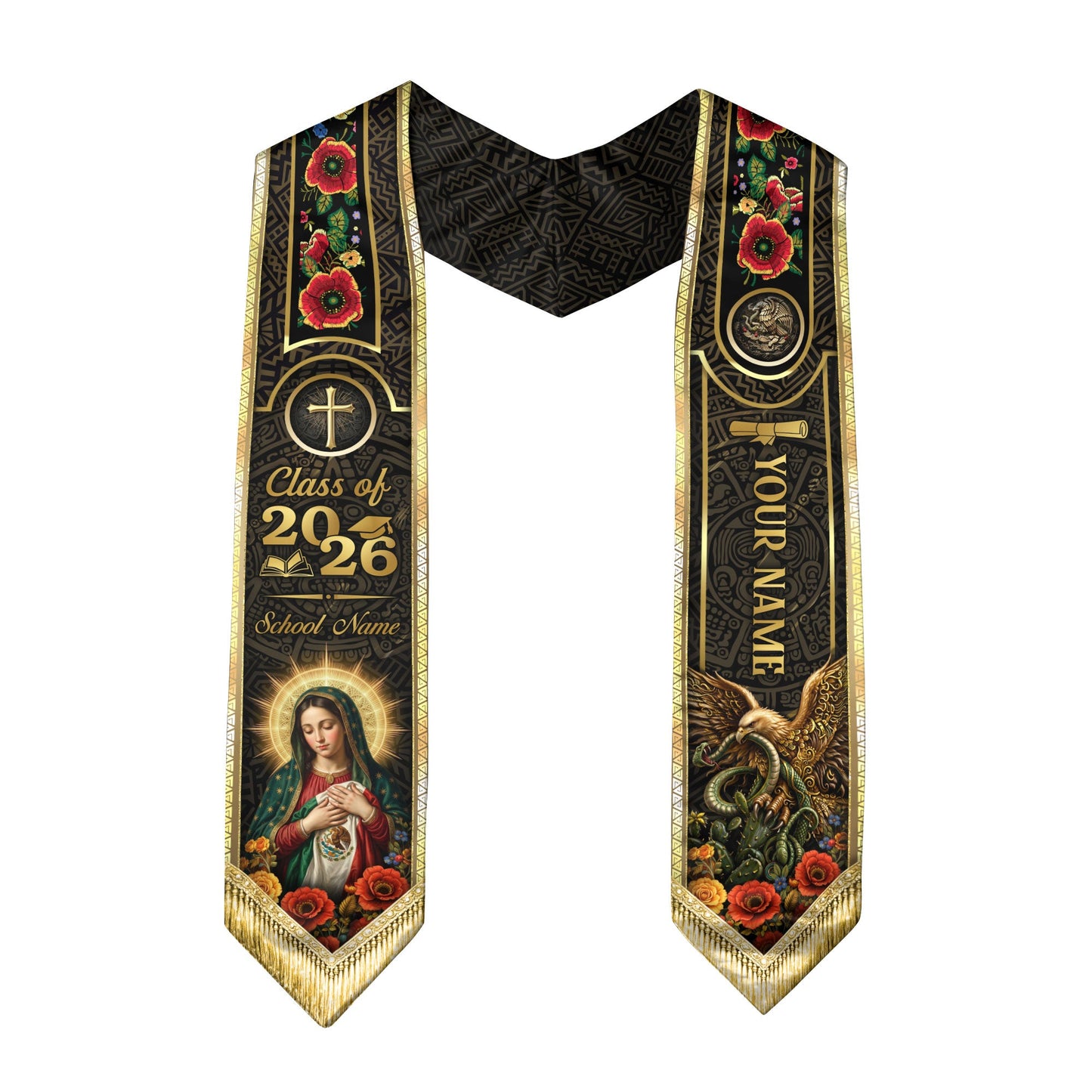 Custom Mexican Graduation Stole 2026 Catholic Virgin Mary Gold Luxury Name School Sash