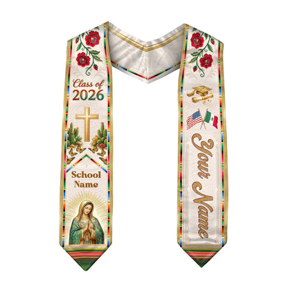 Mexican Heritage Graduation Stole 2026 - Custom Name School Virgin Mary Cross Floral Sash