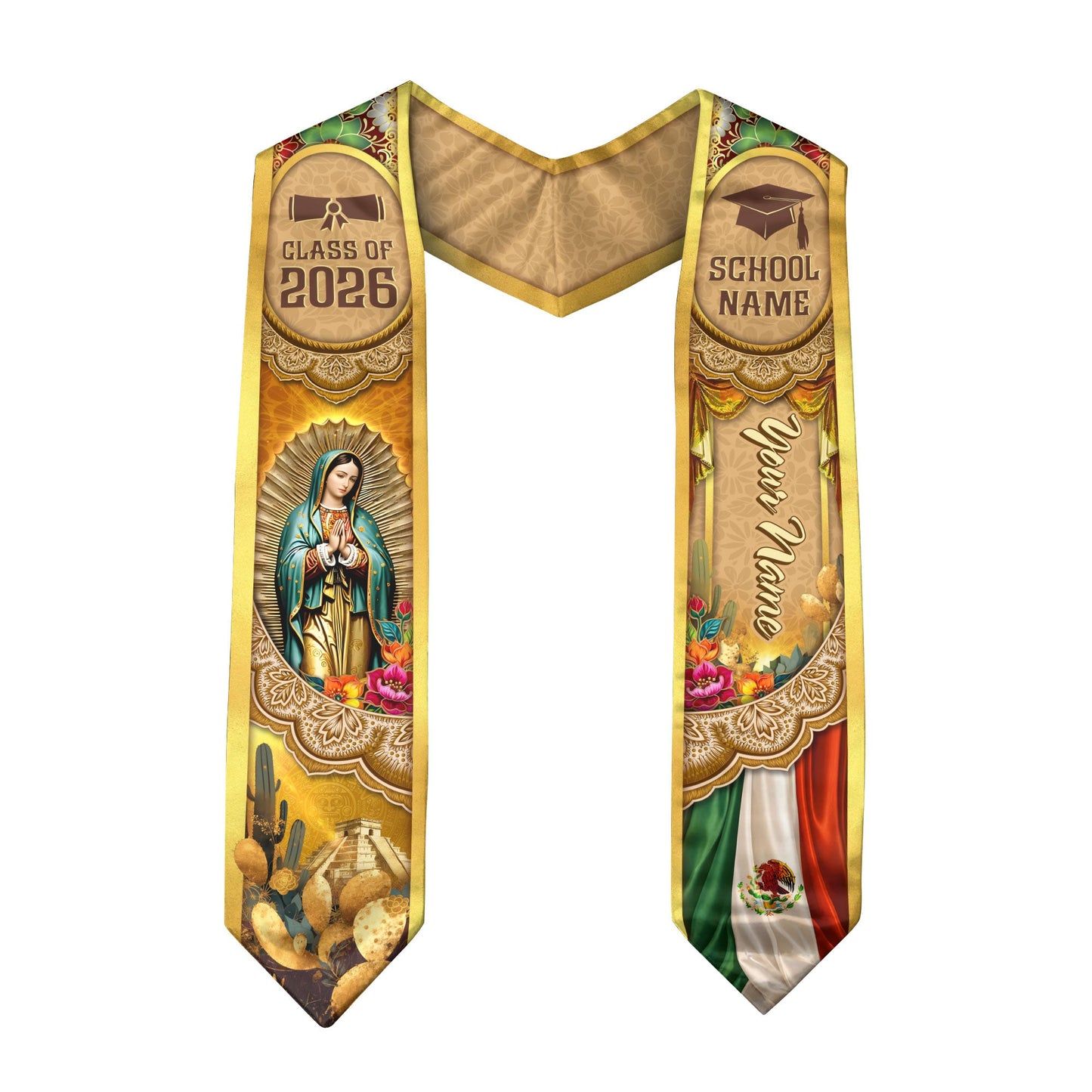 Mexico Graduation Stole 2026 Virgin Mary Pyramid Personalized Heritage Gold Sash