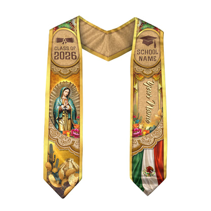 Mexico Graduation Stole 2026 Virgin Mary Pyramid Personalized Heritage Gold Sash