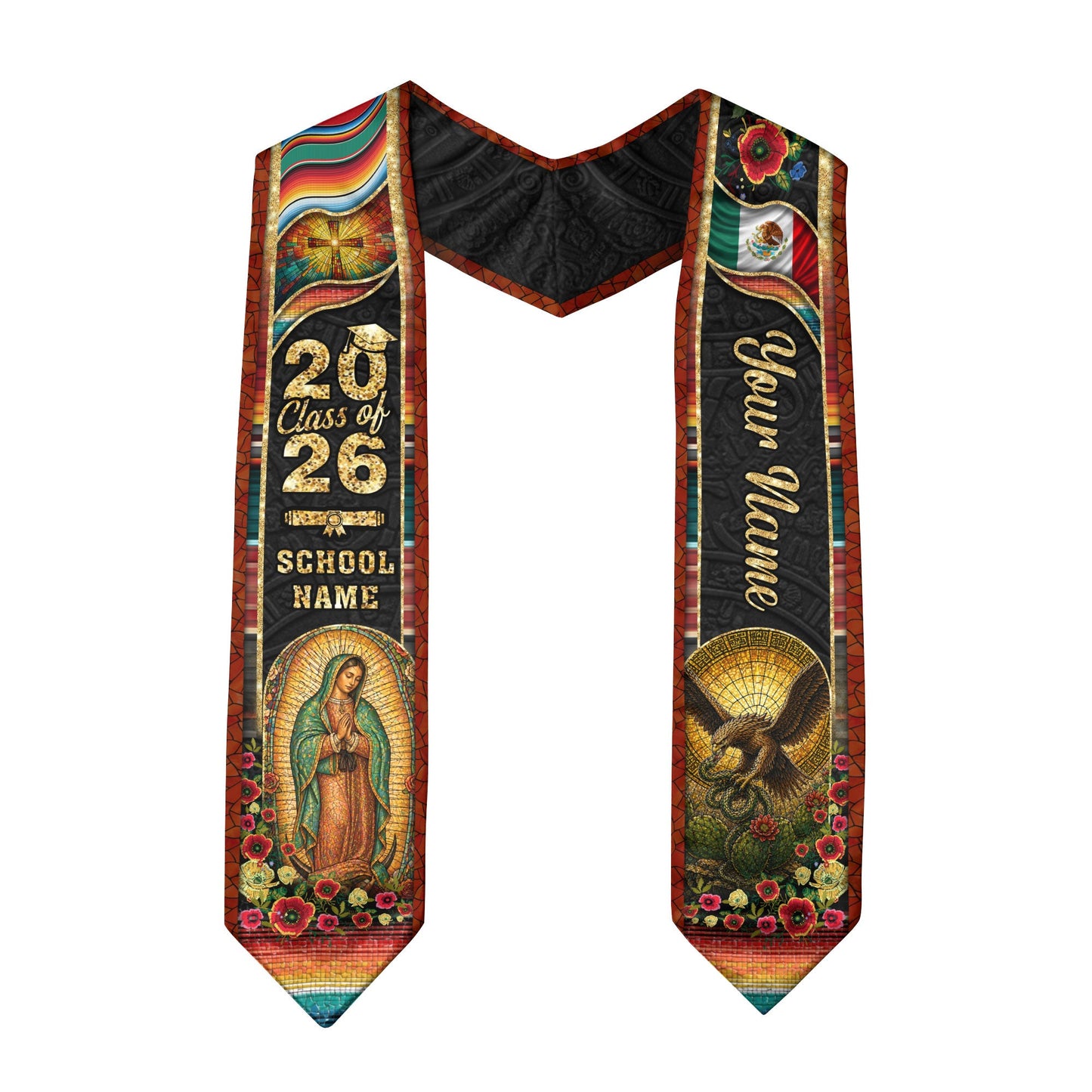 Mexico Graduation Stole 2026 Virgin Mary Eagle Serape Personalized Heritage Mosaic Sash