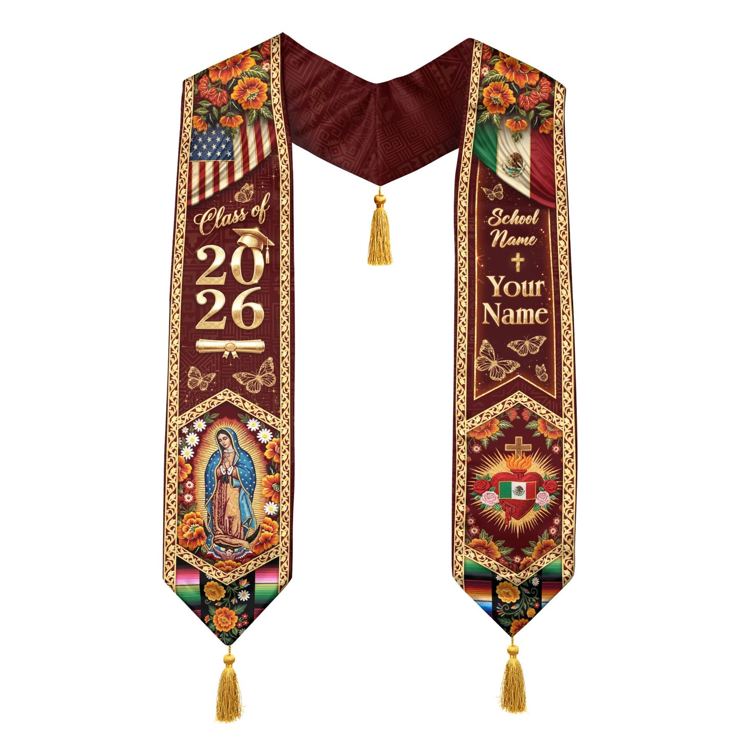 Mexico USA Graduation Stole 2026 Tassels Virgin Mary Burgundy Personalized Heritage Sash