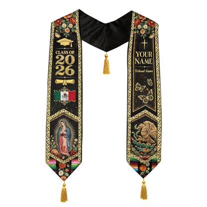 Custom Mexico Graduation Stole 2026 Tassels Virgin Mary Eagle Black Gold Sash