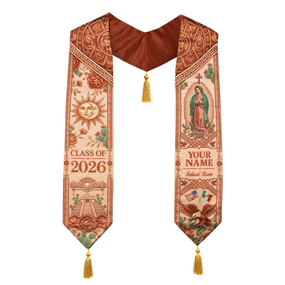 Personalized Mexico Graduation Stole 2026 Tassels Virgin Mary Terracotta Aztec Sash