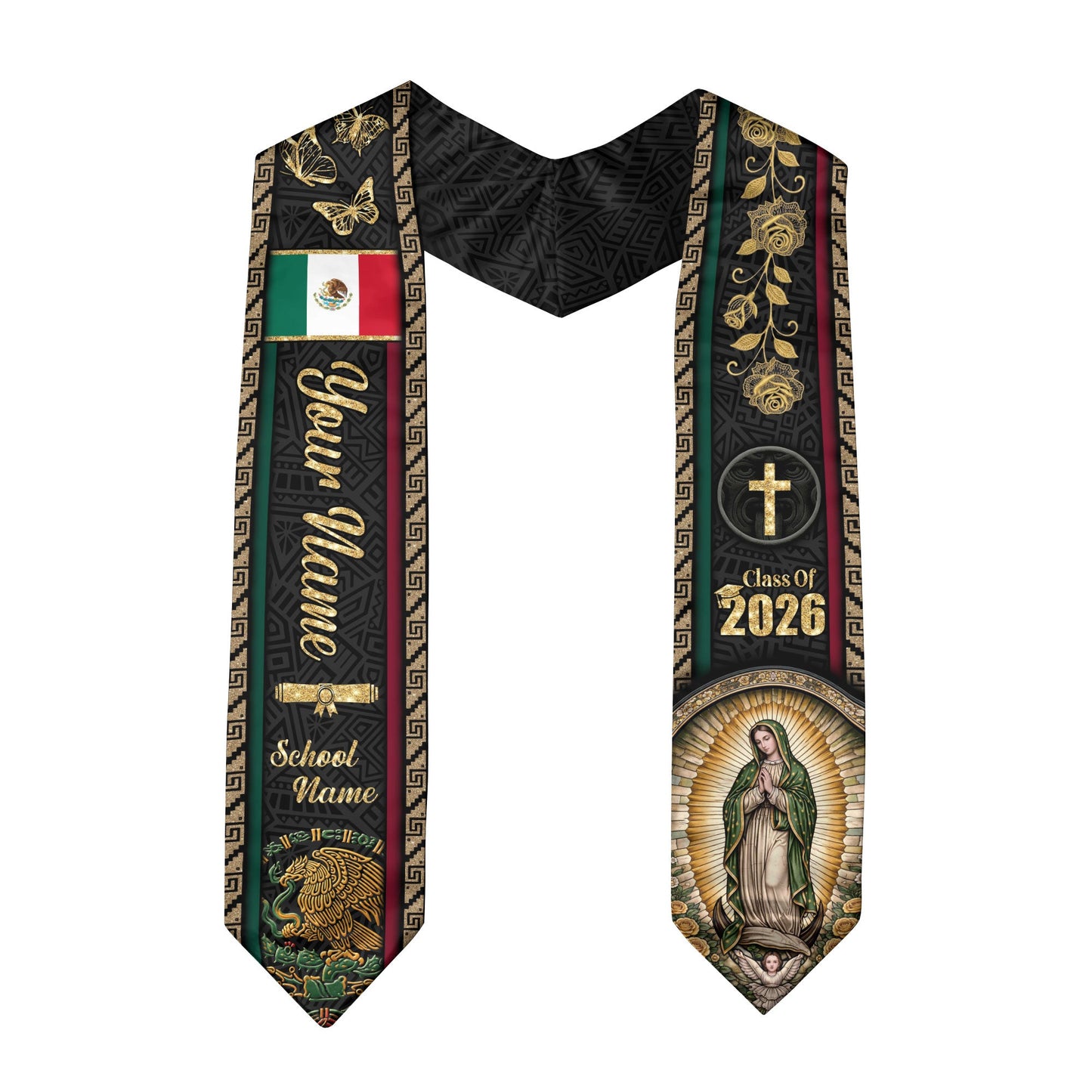 Mexico Graduation Stole 2026 - Personalized Virgin Mary Rose Butterfly Gold Sash