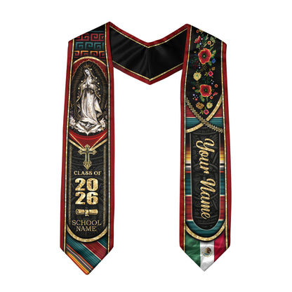 Mexican Heritage Graduation Stole 2026 - Custom Name Floral Embroidered Virgin Mary Sash
