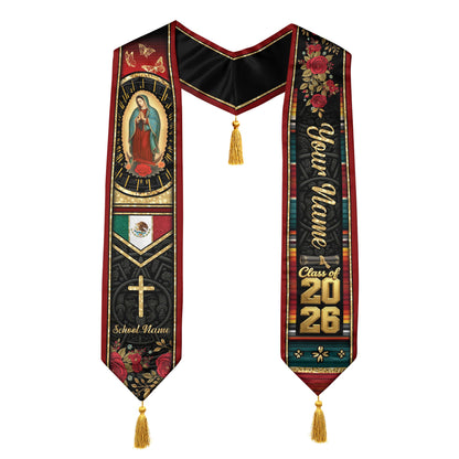 Custom Red Rose Mexico Graduation Stole Tassel Class of 2026 Butterfly Virgin Mary Sash