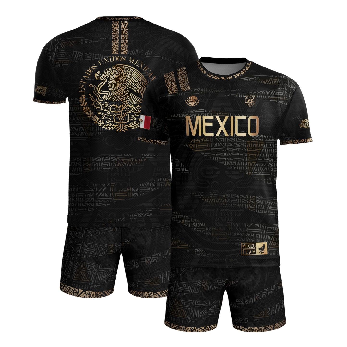 Mexico Black Gold Aztec Heritage Soccer Jersey with Eagle Crest Design
