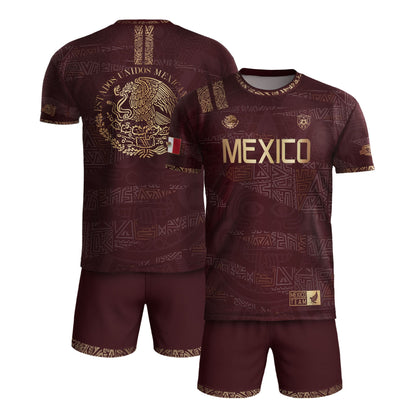 Mexico Soccer Jersey Burgundy Gold Aztec Heritage Eagle Crest (Bundle)