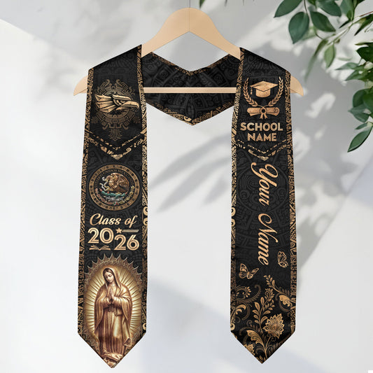 Mexican Graduation Stole 2026 Custom Mexico Sash Virgin Mary Cross Aztec Patterns