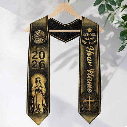 Mexican Graduation Stole Aztec Eagle Virgin Mary Cross Gold Custom Sash 2026