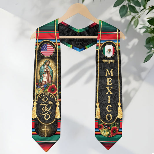 Mexican Graduation Stole Mexico USA Flag Aztec Virgin Mary Cross Flowers 2026