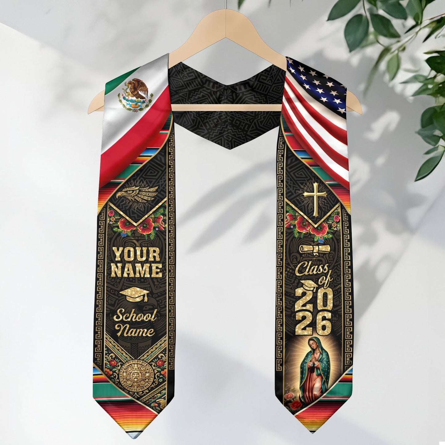 Custom Mexico USA Graduation Stole 2026 Virgin of Guadalupe Mexican American Heritage Sash