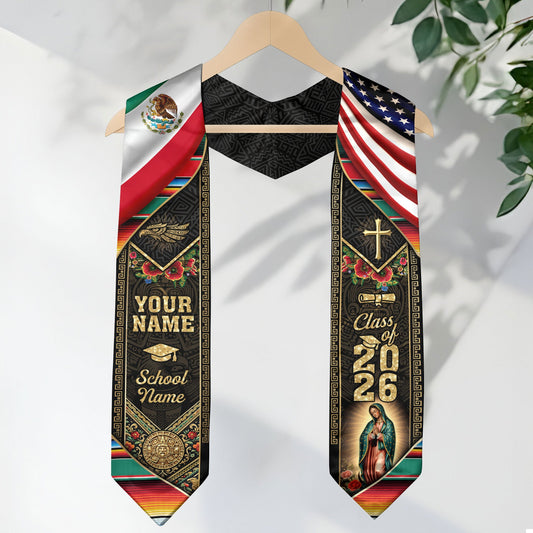 Custom Mexico USA Graduation Stole 2026 Virgin of Guadalupe Mexican American Heritage Sash