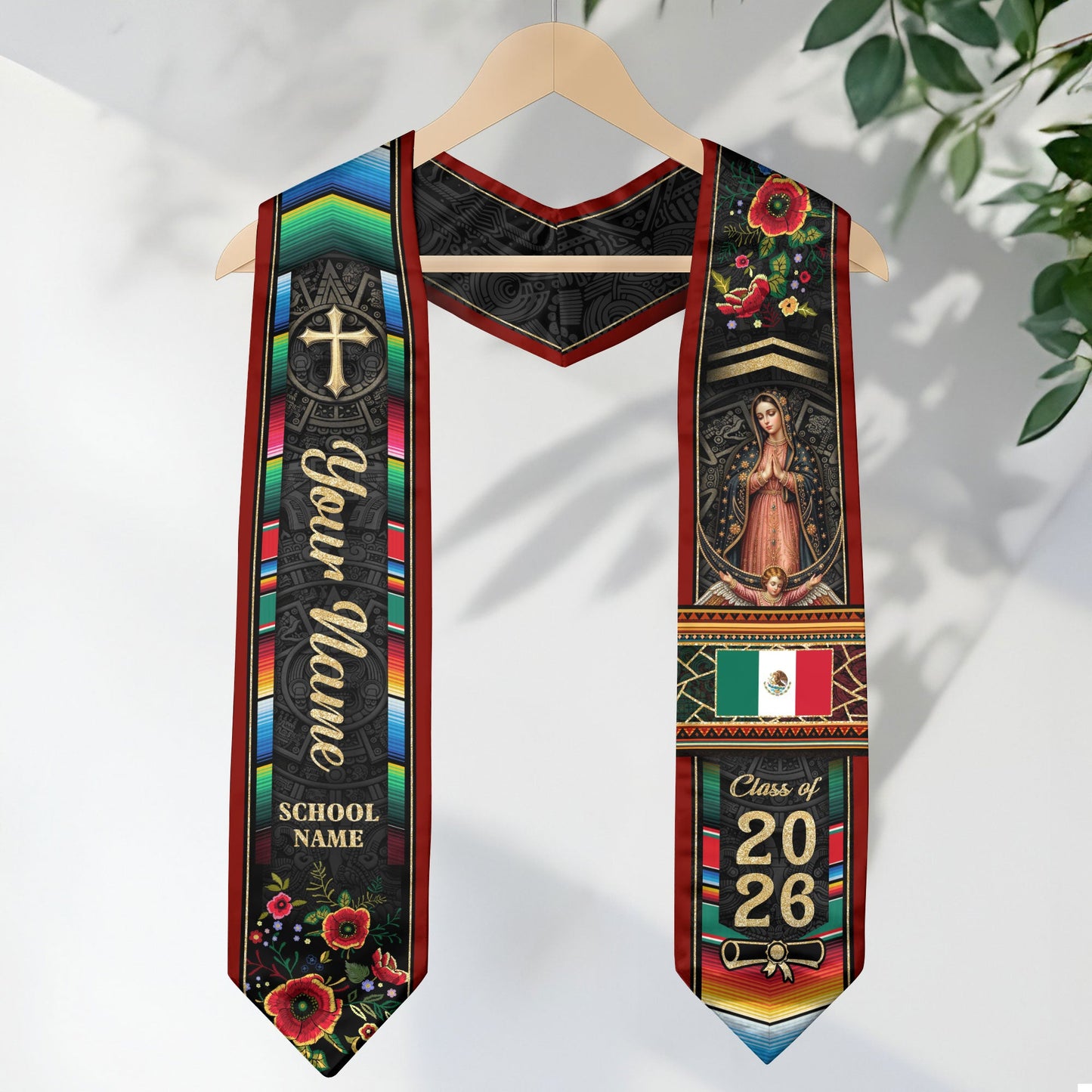 Custom Mexico Graduation Stole 2026 - Mexican Red Serape & Virgin of Guadalupe Sash