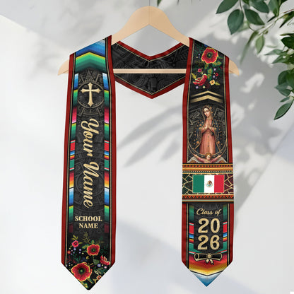 Custom Mexico Graduation Stole 2026 - Mexican Red Serape & Virgin of Guadalupe Sash