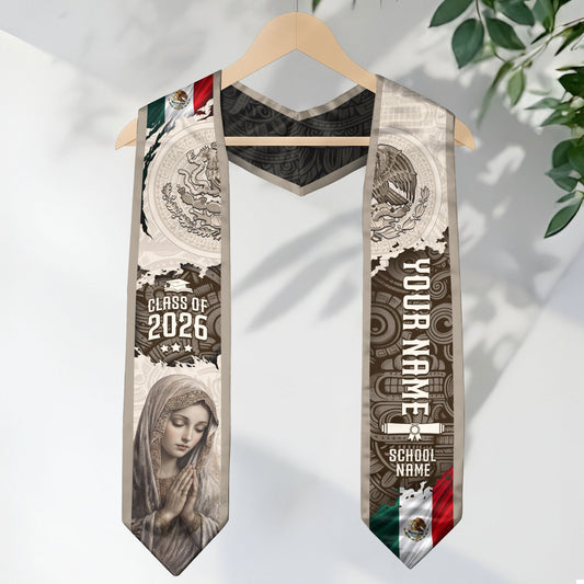 Custom Mexican Graduation Stole Class of 2026 Virgin Mary Guadalupe Heritage Sash Gift