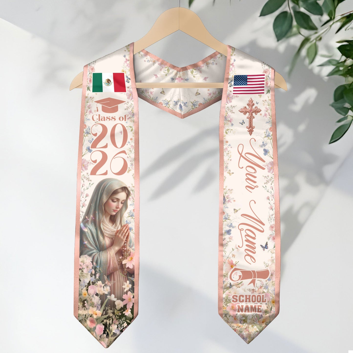 Custom Mexican American Graduation Stole 2026 Virgin Mary Floral Mexico USA Flag Sash