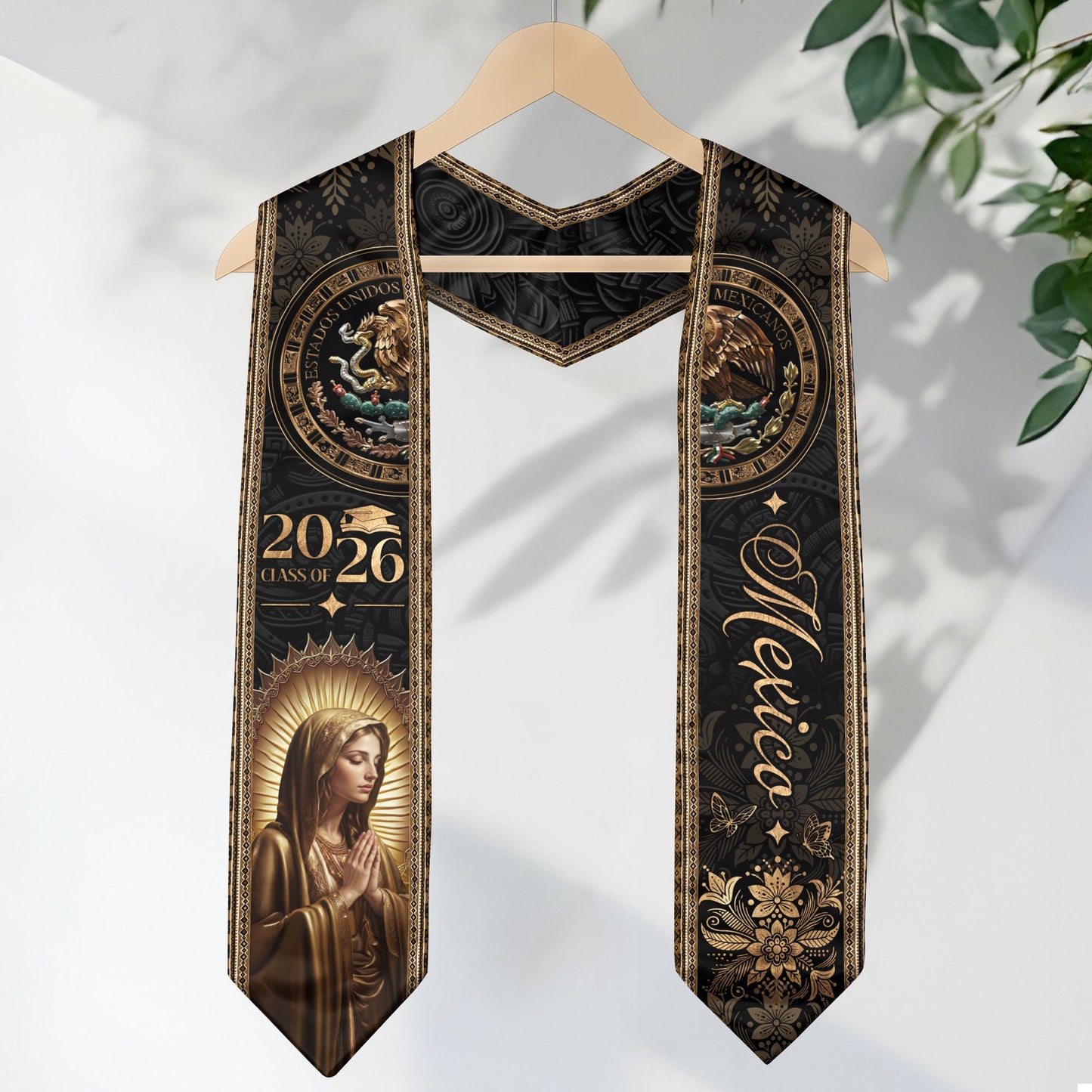 Mexico Graduation Stole Class of 2026 Virgin Mary Guadalupe Black Gold Gift Sash