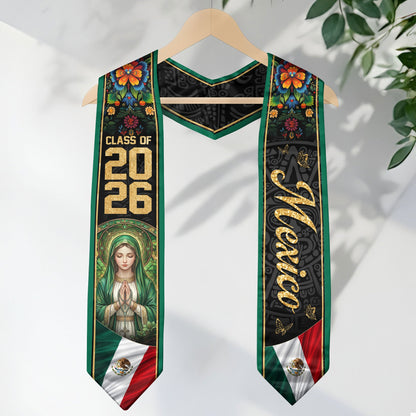 Mexico Graduation Stole 2026 Virgin Mary Floral Green Heritage Sash Gift
