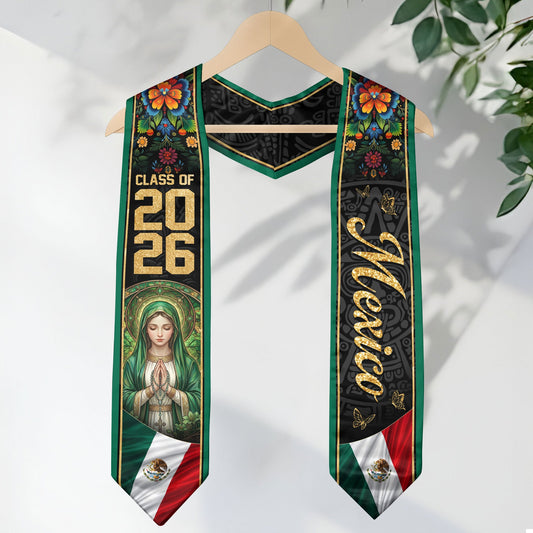 Mexico Graduation Stole 2026 Virgin Mary Floral Green Heritage Sash Gift