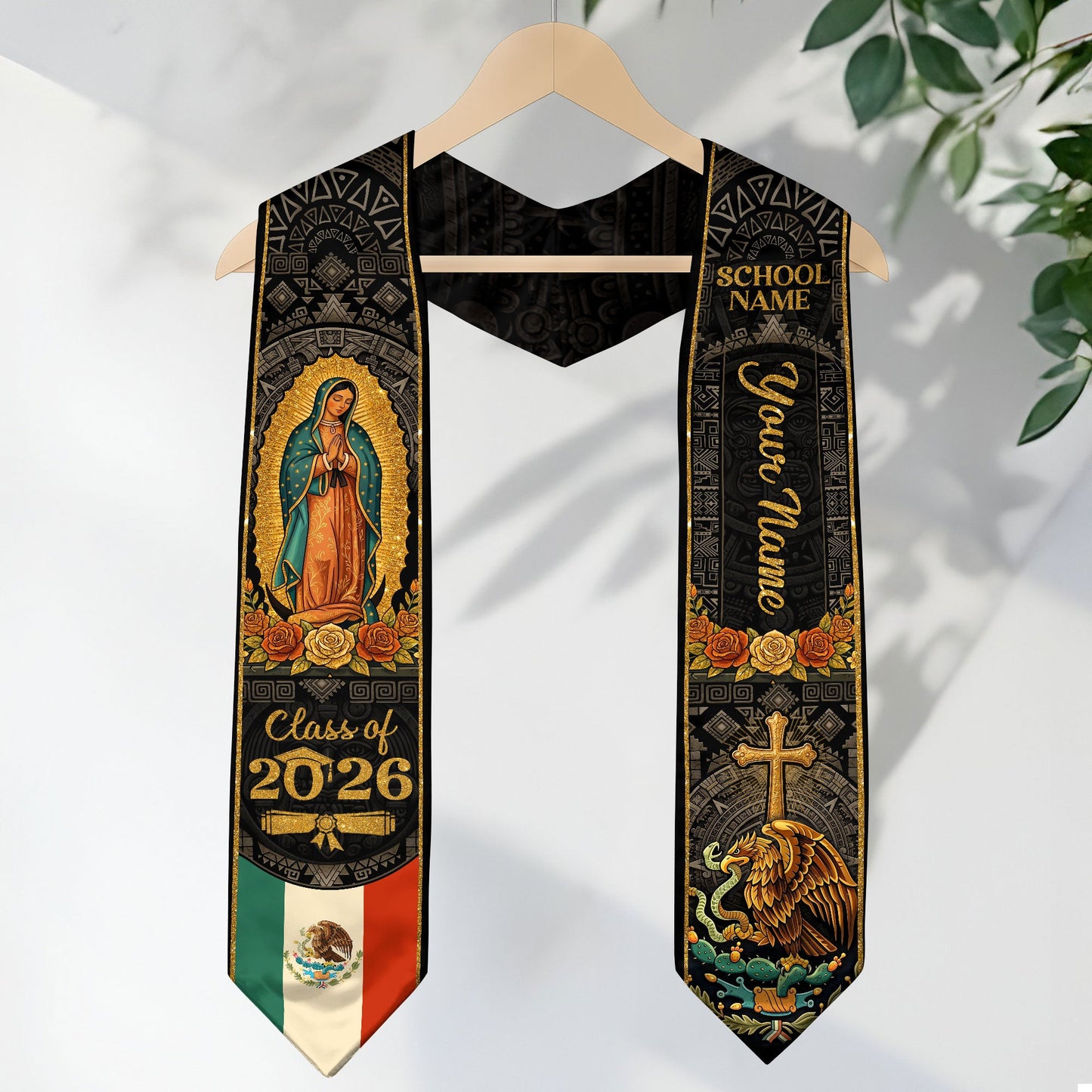 Personalized Mexican Graduation Stole 2026 - Our Lady of Guadalupe Aztec Heritage Sash