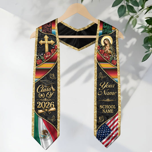 Custom Mexico Graduation Stole 2026 Virgin Mary Cross Mexican US Flag Gold Glitter Sash