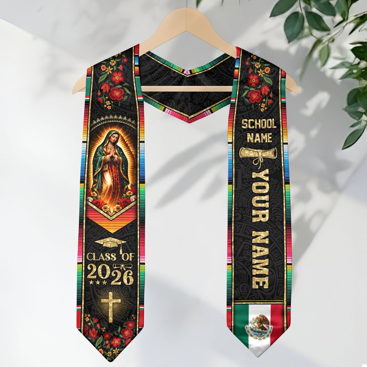 Custom Name School Mexico Graduation Stole 2026 - Mexican Pride Serape Cross Sash