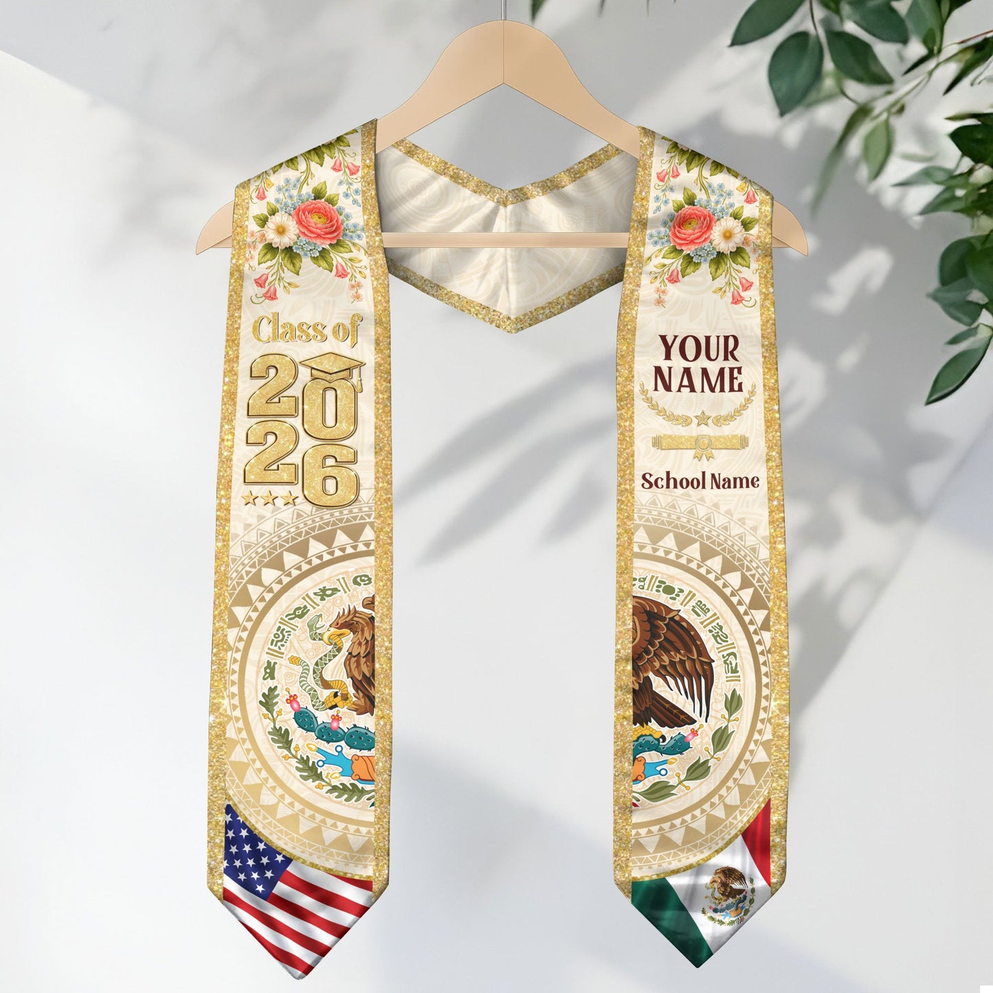 Mexico USA Graduation Stole Class of 2026 - Personalized Dual Heritage Floral Gold Sash