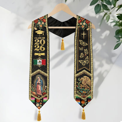 Class of 2026 Mexico Stole Aztec Eagle Virgin Guadalupe Butterfly Floral Tassel Sash