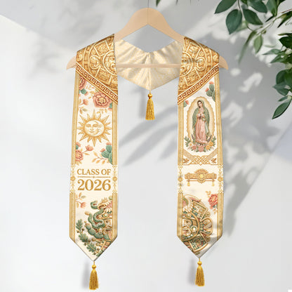 Mexico Graduation Stole Class of 2026 Sun Moon Virgin Guadalupe Floral Tassel Sash