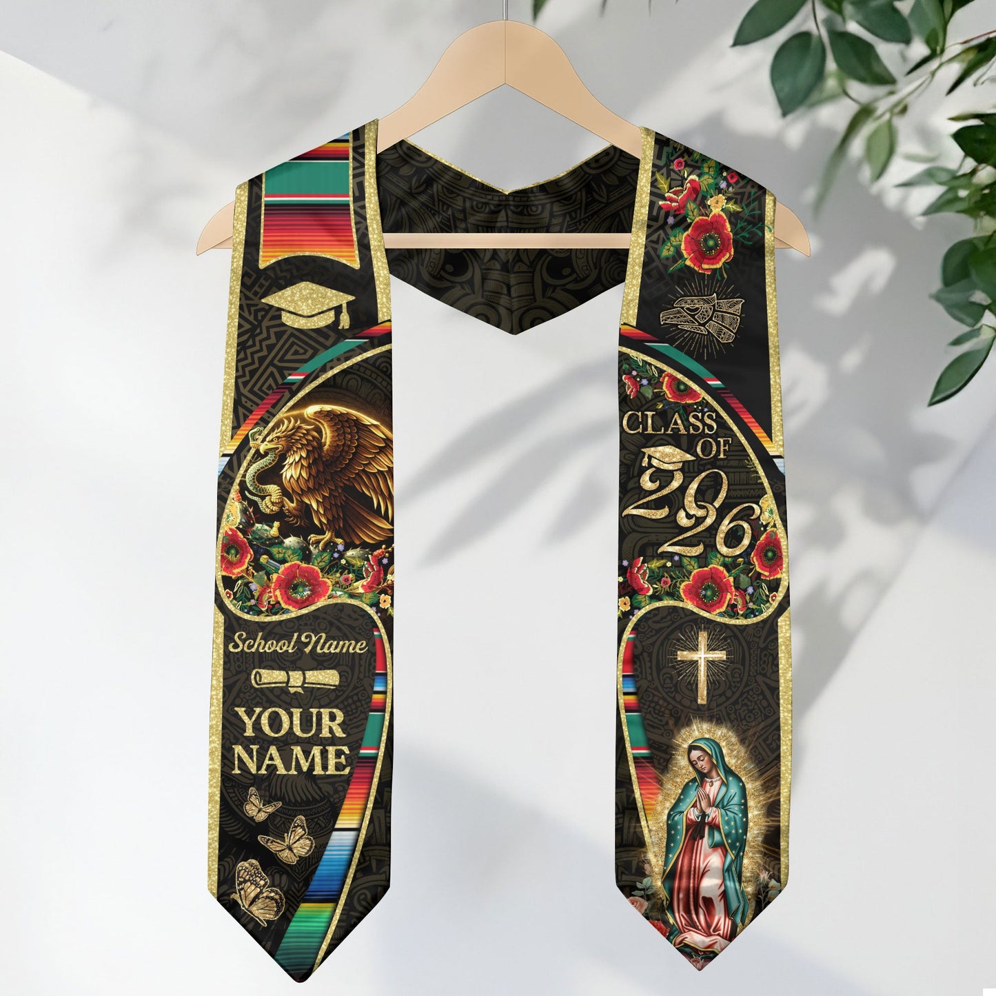 Personalized Mexican Heritage Graduation Stole 2026 Virgin Mary Serape Butterfly Gold Sash