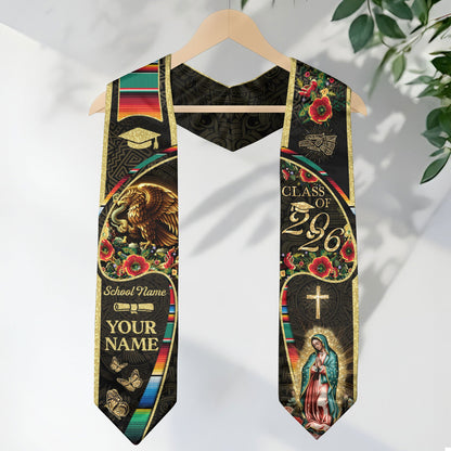 Personalized Mexican Heritage Graduation Stole 2026 Virgin Mary Serape Butterfly Gold Sash