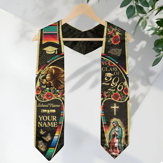Personalized Mexican Heritage Graduation Stole 2026 Virgin Mary Serape Butterfly Gold Sash