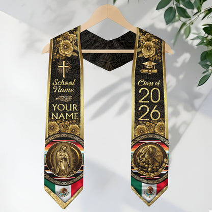 Mexico Graduation Stole 2026 Gold Glitter Virgin Mary Eagle Personalized Heritage Sash