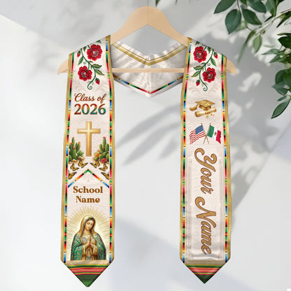 Mexican Heritage Graduation Stole 2026 - Custom Name School Virgin Mary Cross Floral Sash