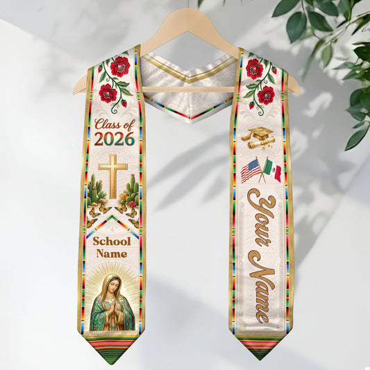Mexican Heritage Graduation Stole 2026 - Custom Name School Virgin Mary Cross Floral Sash
