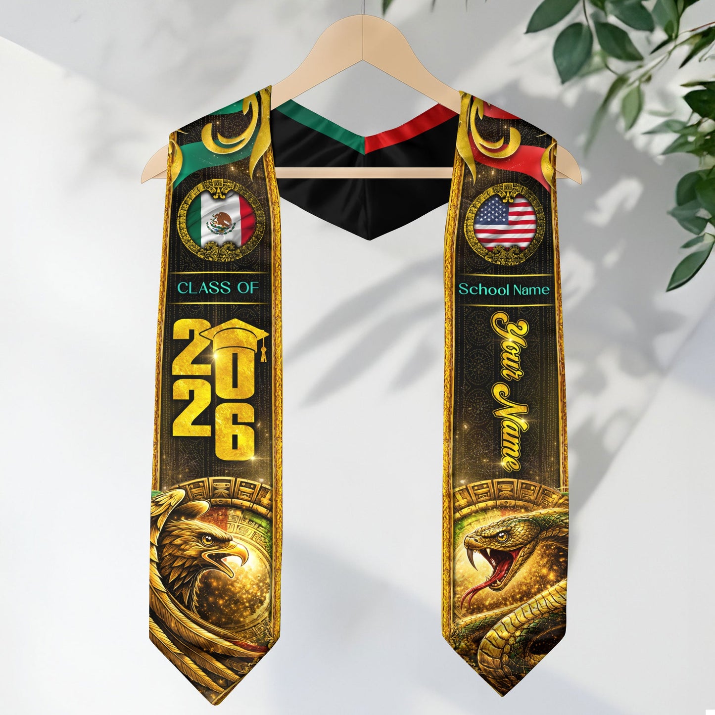 Custom Mexico USA Flag Graduation Stole 2026 Eagle Snake Mexican American Heritage Sash