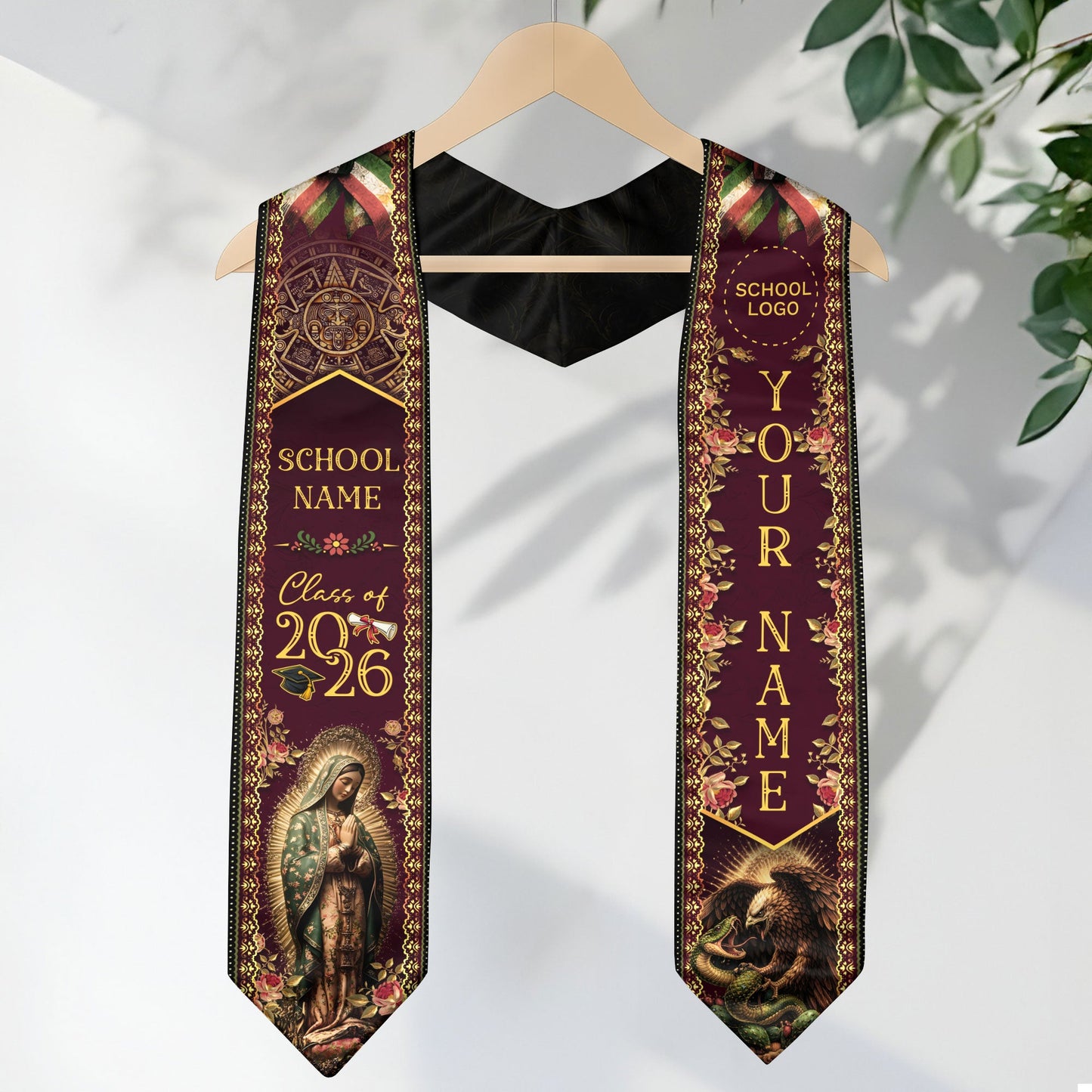 Mexico Graduation Stole 2026 Virgin Mary Burgundy Gold Personalized Heritage Sash