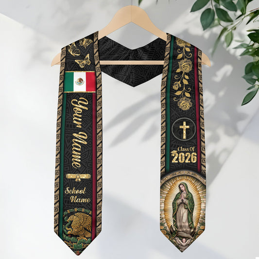 Mexico Graduation Stole 2026 - Personalized Virgin Mary Rose Butterfly Gold Sash